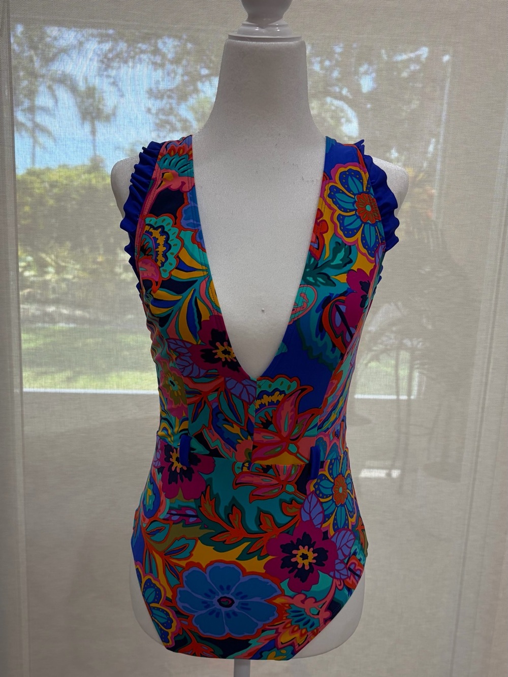 Deep V Floral One-Piece Swimsuit - Blue Multi